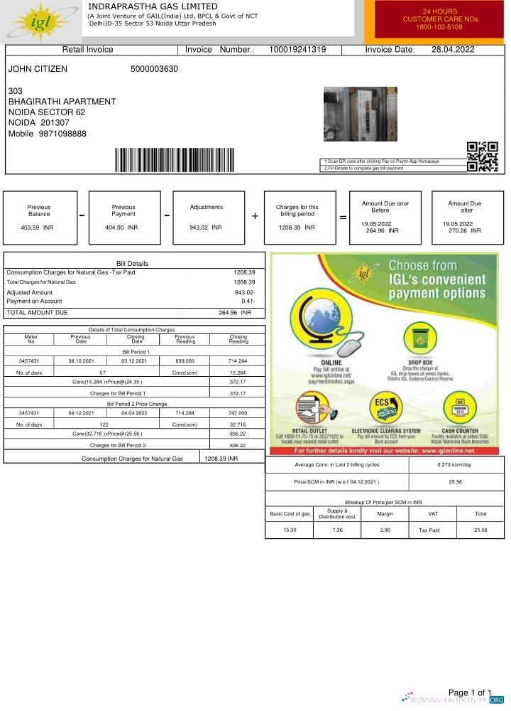 download download India INDRAPRASTHA GAS LIMITED utility bill